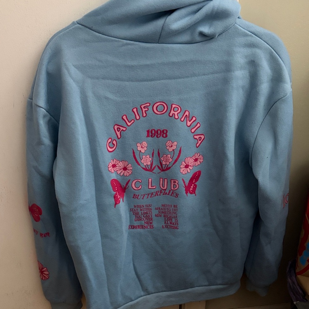 Blue Hoodie with Pink California Print on back and sleeves